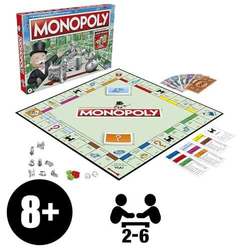 Monopoly Hasbro Gaming Classico, Gioco da Tavolo da 2 a 6 Giocatori per Tutta la Famiglia, Gioco per Bambini e Bambine da 8 Anni in su
