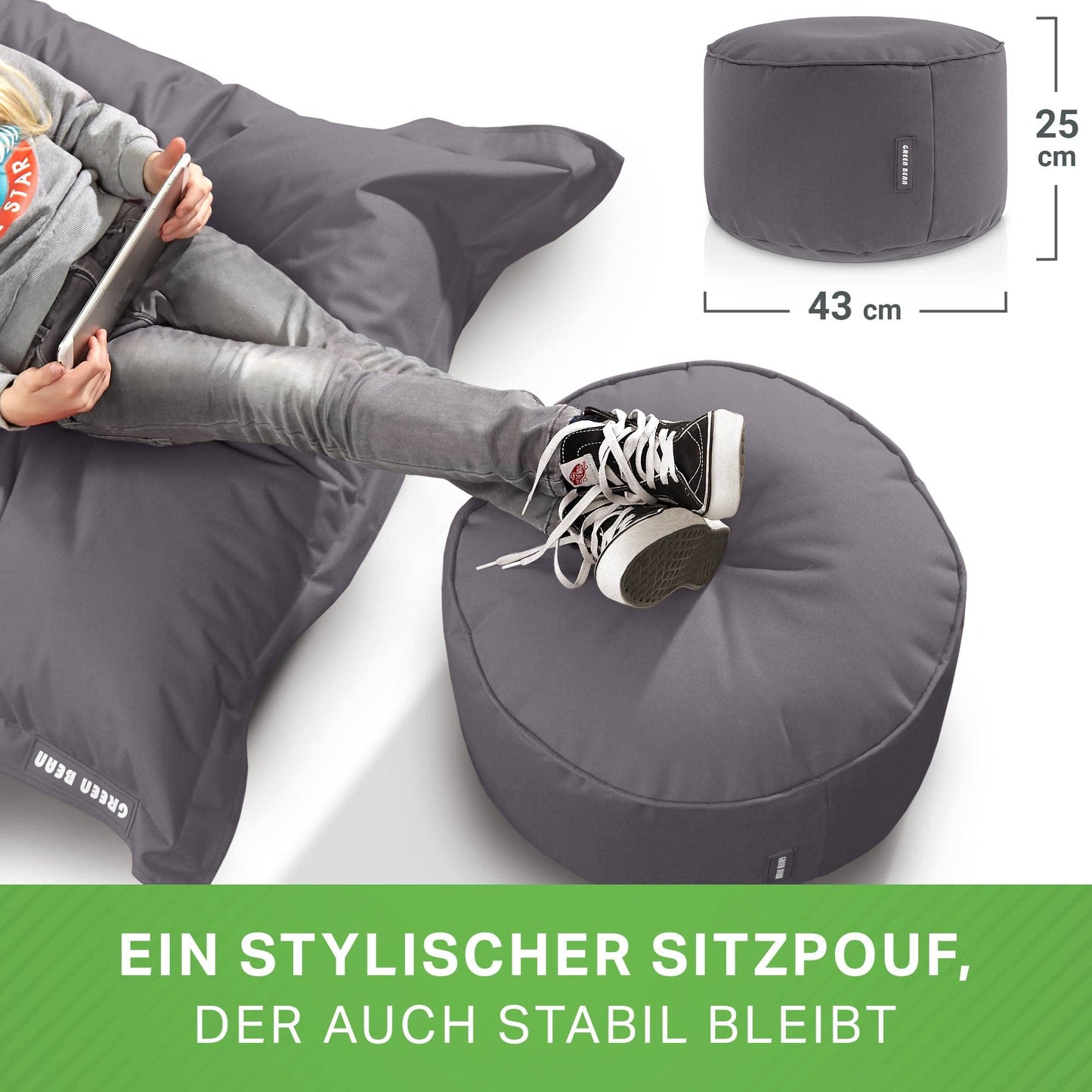Green Bean© Sgabello Beanbag 25x45cm con riempimento in EPS Beads - Sgabello per piedi - Cuscino per sedile Pouf per Beanbags - Cuscino da pavimento per bambini e adulti - Antracite