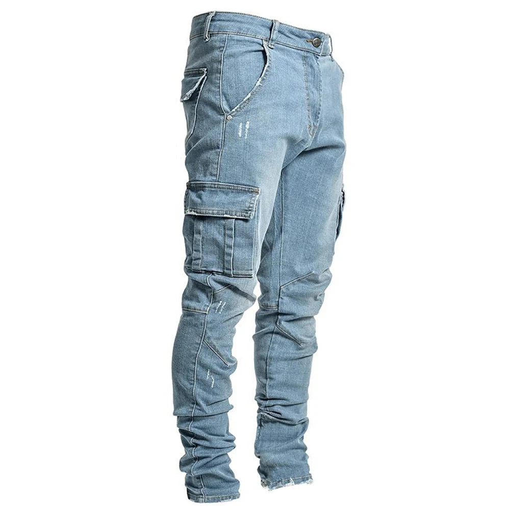 CRIS - Jeans elastici streetwear da uomo, pantaloni cargo in denim, colore tinta unita, multitasche. Pantaloni casual a vita media, vestibilità slim fit, da poter indossare tutti i giorni
