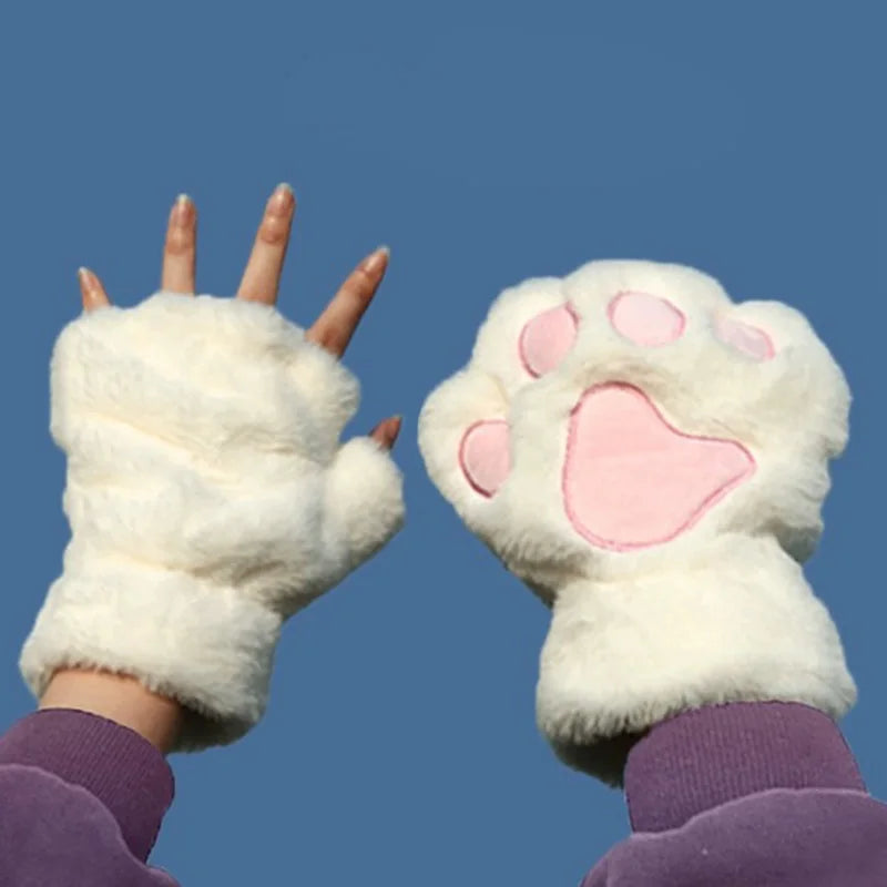 Mira - Guanti da donna con zampa di artiglio di gatto carino cartone animato Guanti di peluche da donna Guanti di gatto morbidi e caldi senza dita in peluche Costume mezze dita