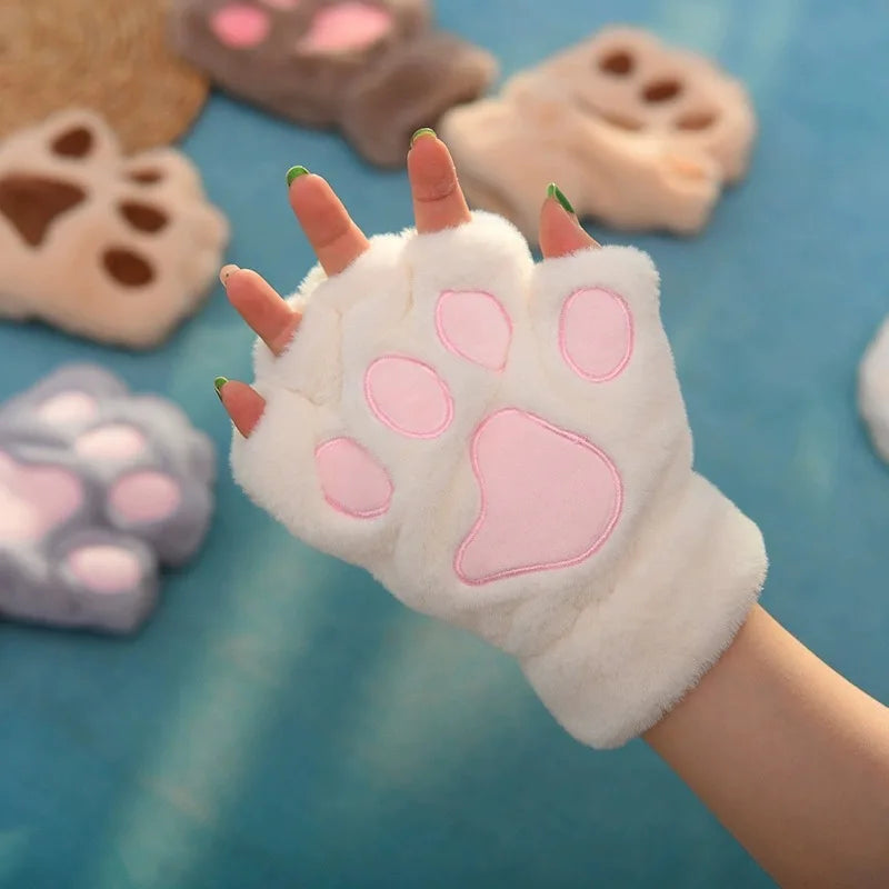 Mira - Guanti da donna con zampa di artiglio di gatto carino cartone animato Guanti di peluche da donna Guanti di gatto morbidi e caldi senza dita in peluche Costume mezze dita