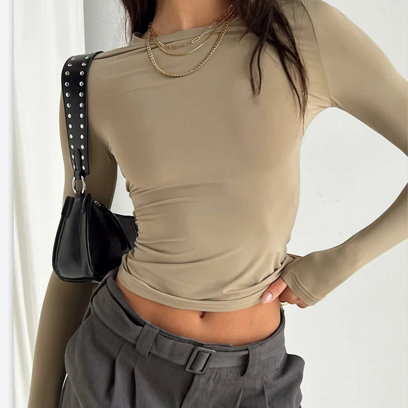 ELY, T-shirt Casual a maniche lunghe da donna primavera autunno solido Slim Fit pullover magliette camicie streetwear donna Base magliette top