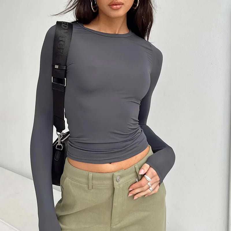 ELY, T-shirt Casual a maniche lunghe da donna primavera autunno solido Slim Fit pullover magliette camicie streetwear donna Base magliette top