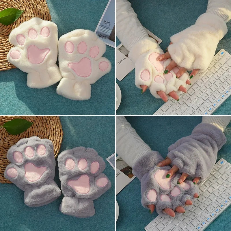Mira - Guanti da donna con zampa di artiglio di gatto carino cartone animato Guanti di peluche da donna Guanti di gatto morbidi e caldi senza dita in peluche Costume mezze dita