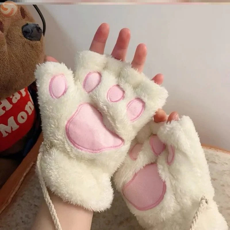 Mira - Guanti da donna con zampa di artiglio di gatto carino cartone animato Guanti di peluche da donna Guanti di gatto morbidi e caldi senza dita in peluche Costume mezze dita
