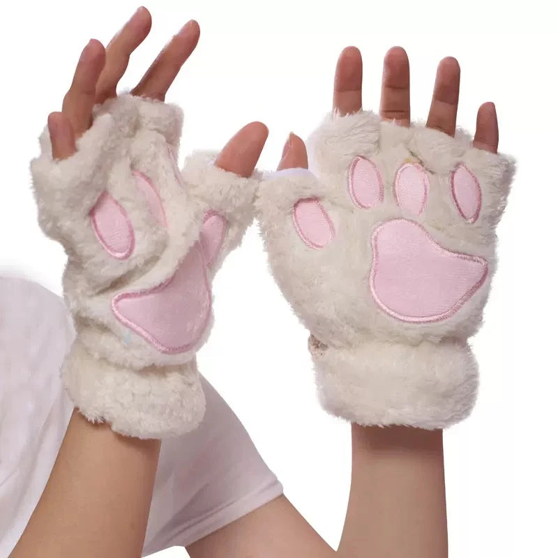 Mira - Guanti da donna con zampa di artiglio di gatto carino cartone animato Guanti di peluche da donna Guanti di gatto morbidi e caldi senza dita in peluche Costume mezze dita
