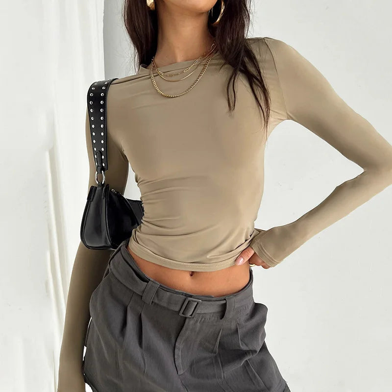 ELY, T-shirt Casual a maniche lunghe da donna primavera autunno solido Slim Fit pullover magliette camicie streetwear donna Base magliette top