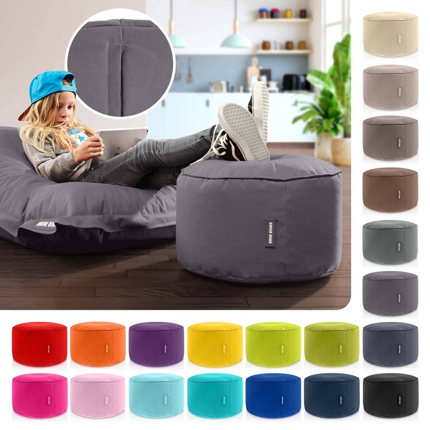 Green Bean© Sgabello Beanbag 25x45cm con riempimento in EPS Beads - Sgabello per piedi - Cuscino per sedile Pouf per Beanbags - Cuscino da pavimento per bambini e adulti - Antracite