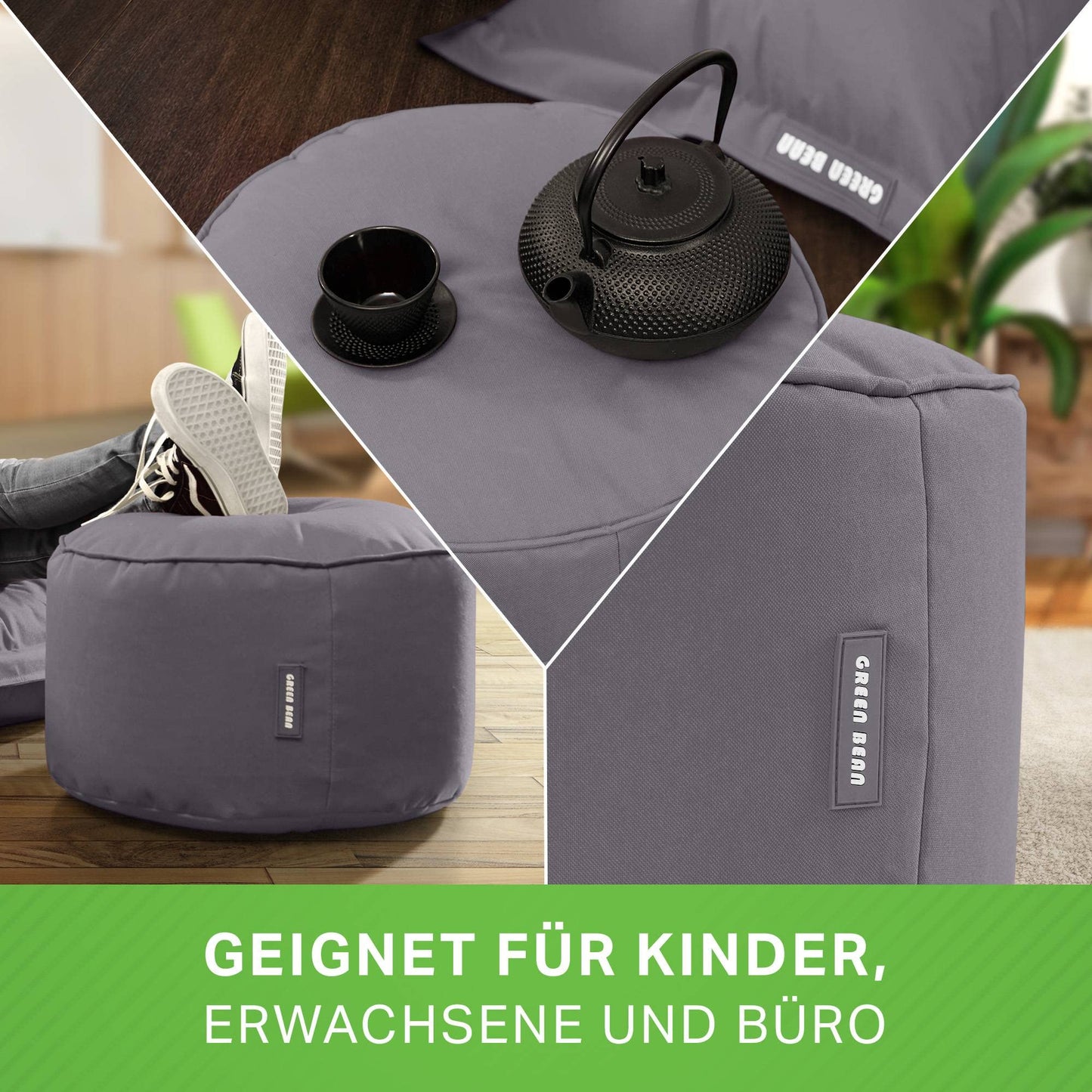 Green Bean© Sgabello Beanbag 25x45cm con riempimento in EPS Beads - Sgabello per piedi - Cuscino per sedile Pouf per Beanbags - Cuscino da pavimento per bambini e adulti - Antracite