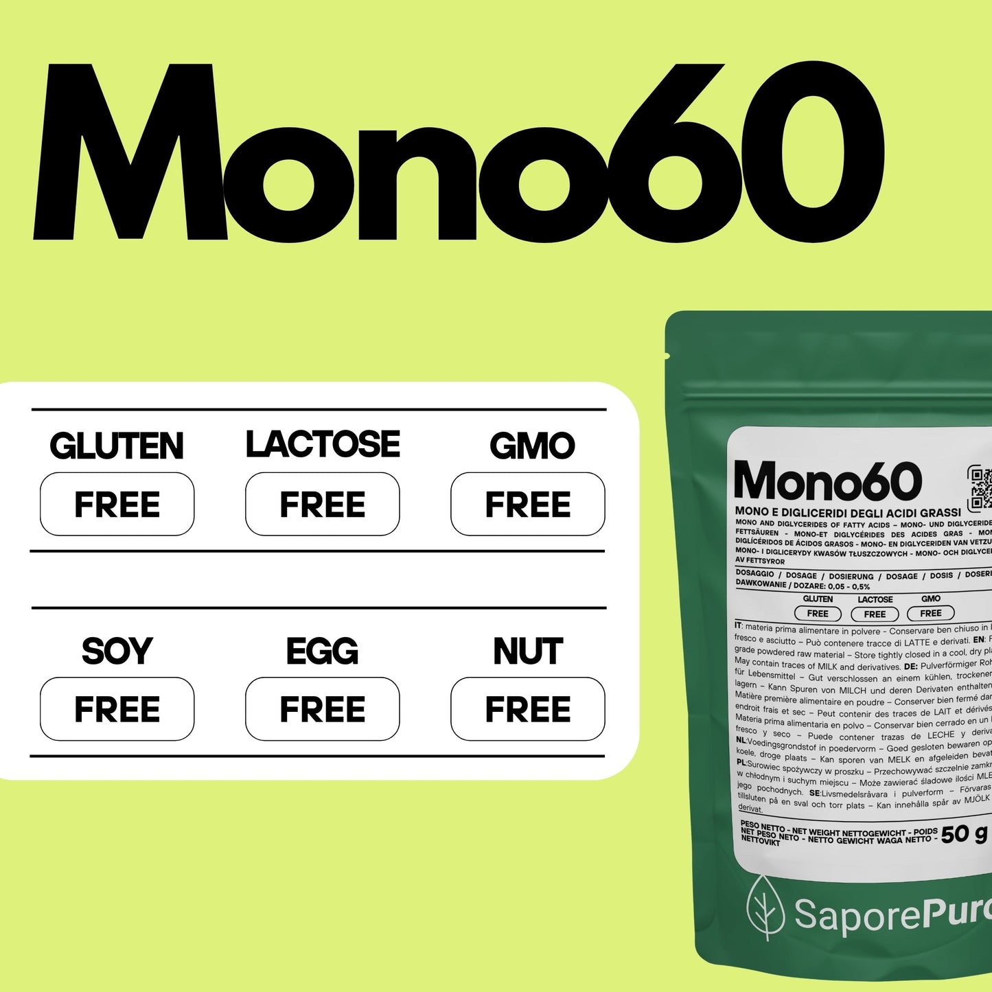 Mono60 - Emulsionante E471 – Additivo Alimentare – SaporePuro – Prodotto in Europa – Alta Qualità per Gelati, Pasticceria, Panificazione