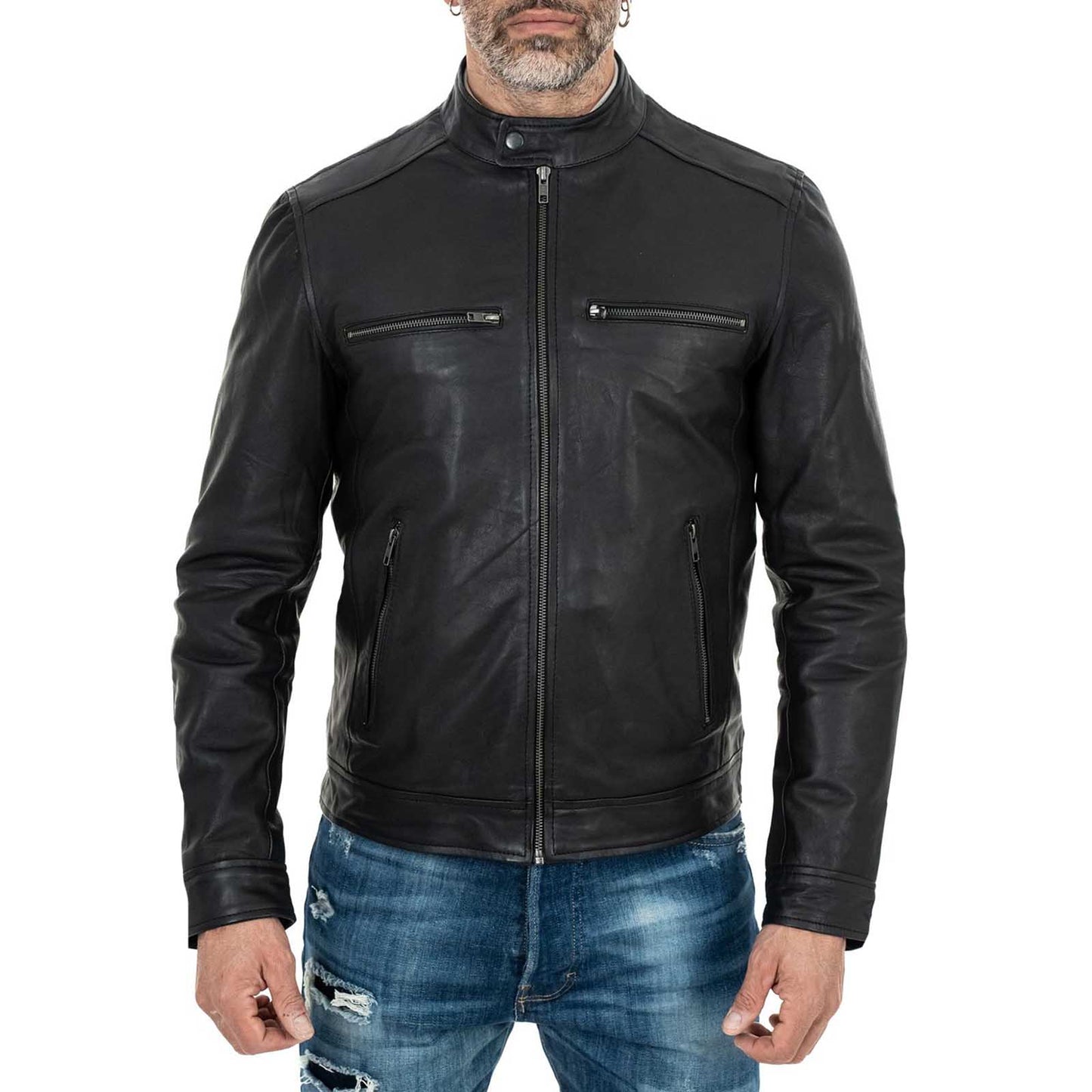 Giacca Biker In Vera Pelle Nera Uomo Slim Collo Coreana Quattro Tasche Rindway