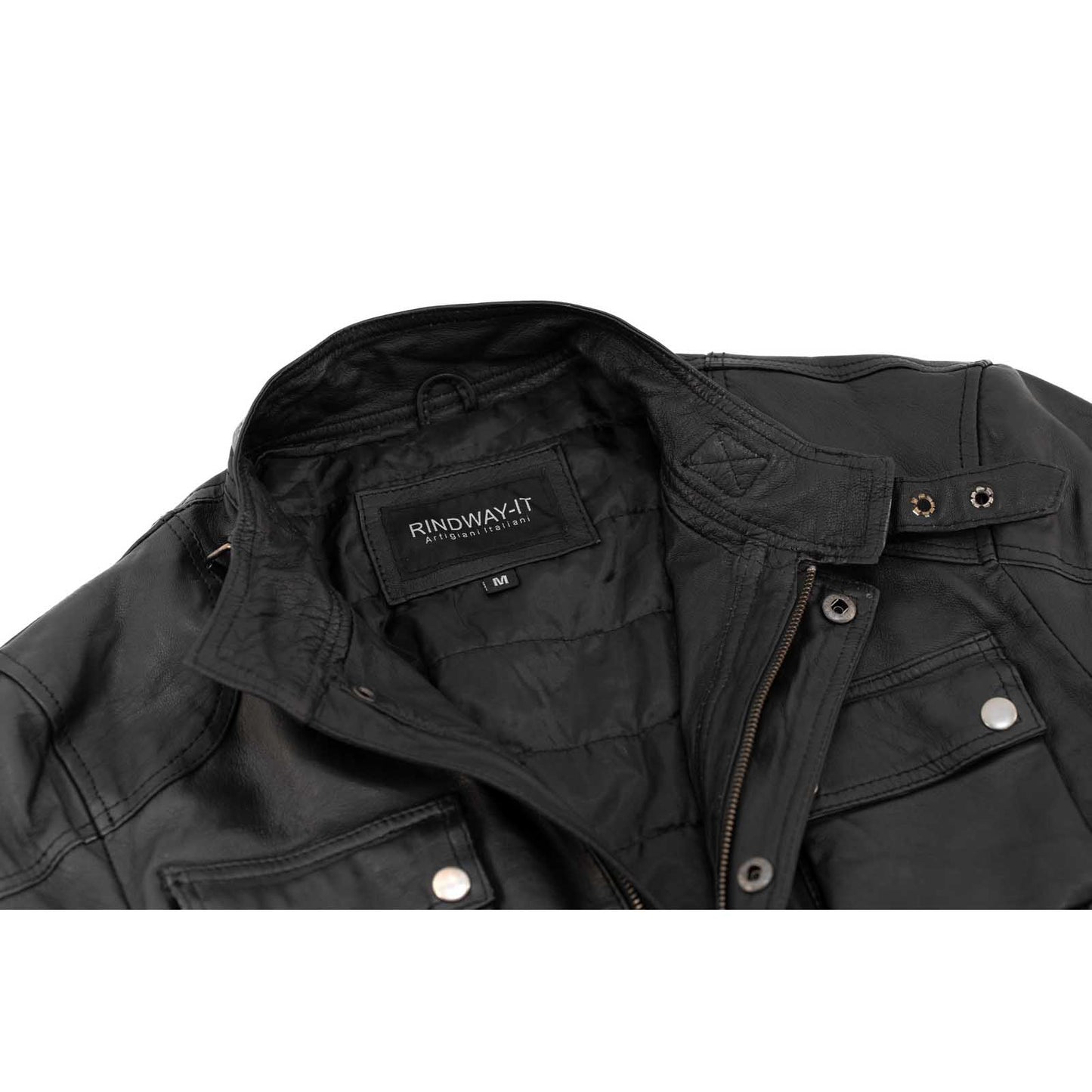 Giaccone Giacca Lungo In Vera Pelle Nera Uomo Slim Con Tasconi e Cintura Vita Rindway