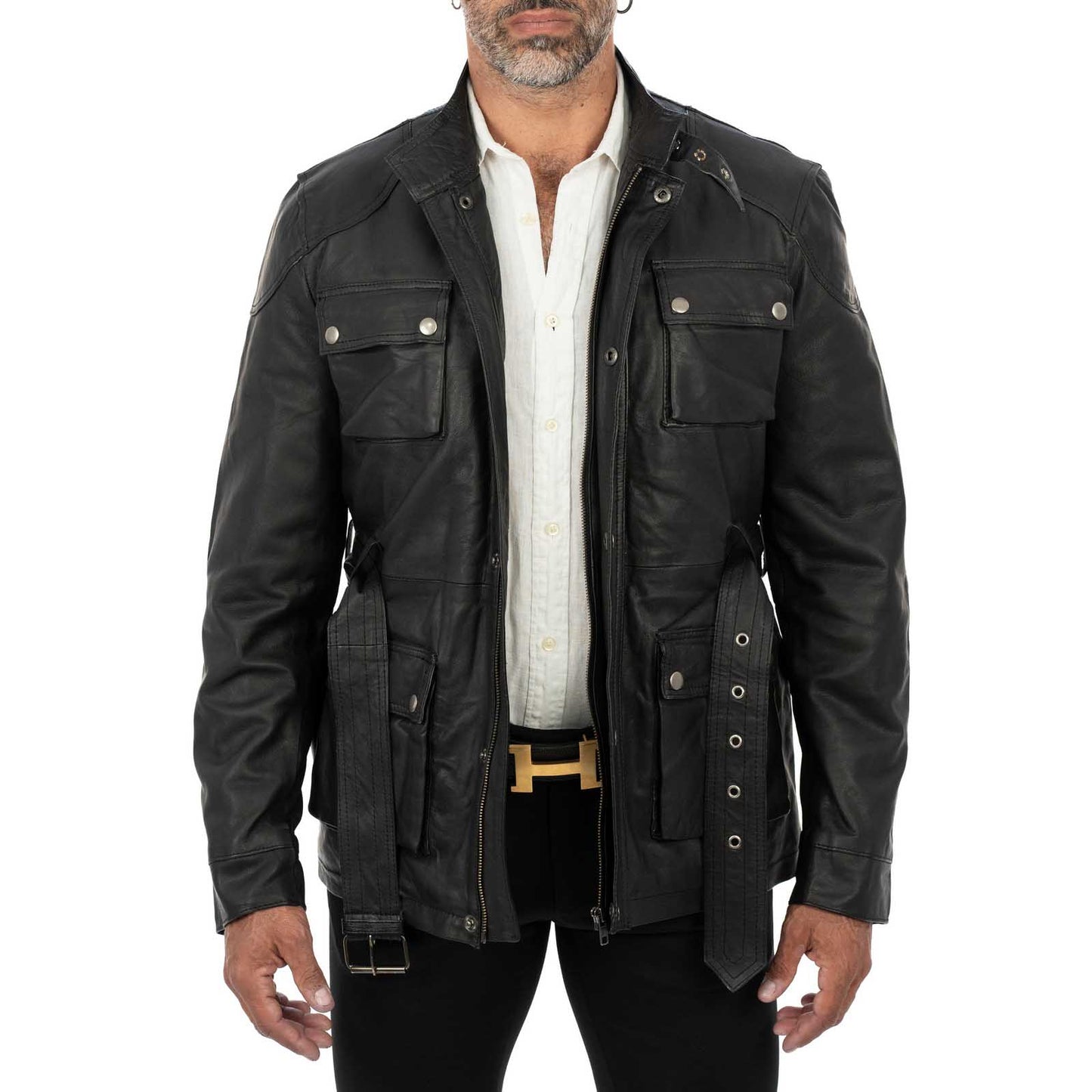 Giaccone Giacca Lungo In Vera Pelle Nera Uomo Slim Con Tasconi e Cintura Vita Rindway