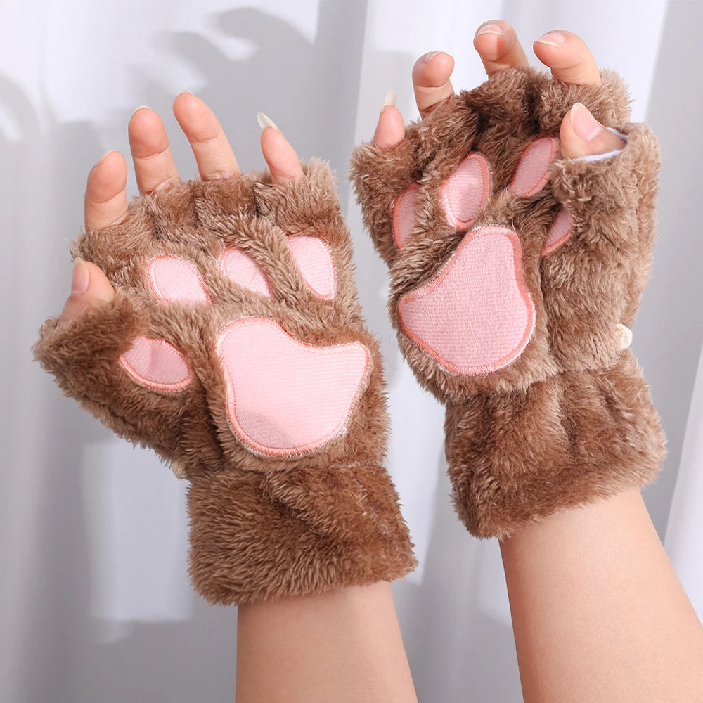 Mira - Guanti da donna con zampa di artiglio di gatto carino cartone animato Guanti di peluche da donna Guanti di gatto morbidi e caldi senza dita in peluche Costume mezze dita