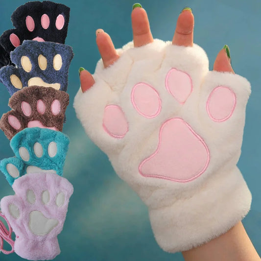 Mira - Guanti da donna con zampa di artiglio di gatto carino cartone animato Guanti di peluche da donna Guanti di gatto morbidi e caldi senza dita in peluche Costume mezze dita