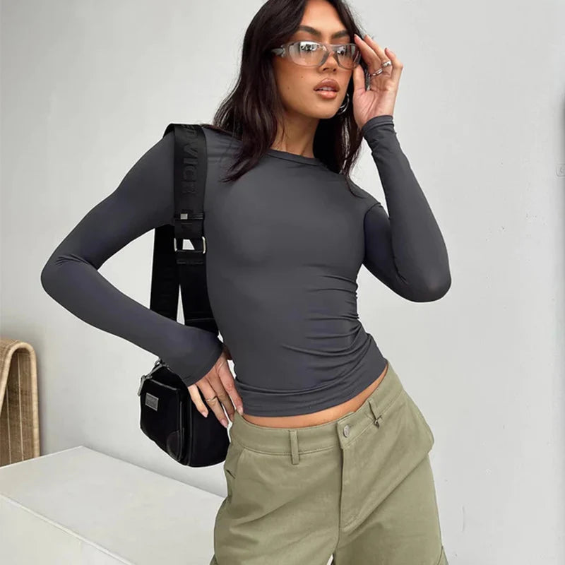 ELY, T-shirt Casual a maniche lunghe da donna primavera autunno solido Slim Fit pullover magliette camicie streetwear donna Base magliette top