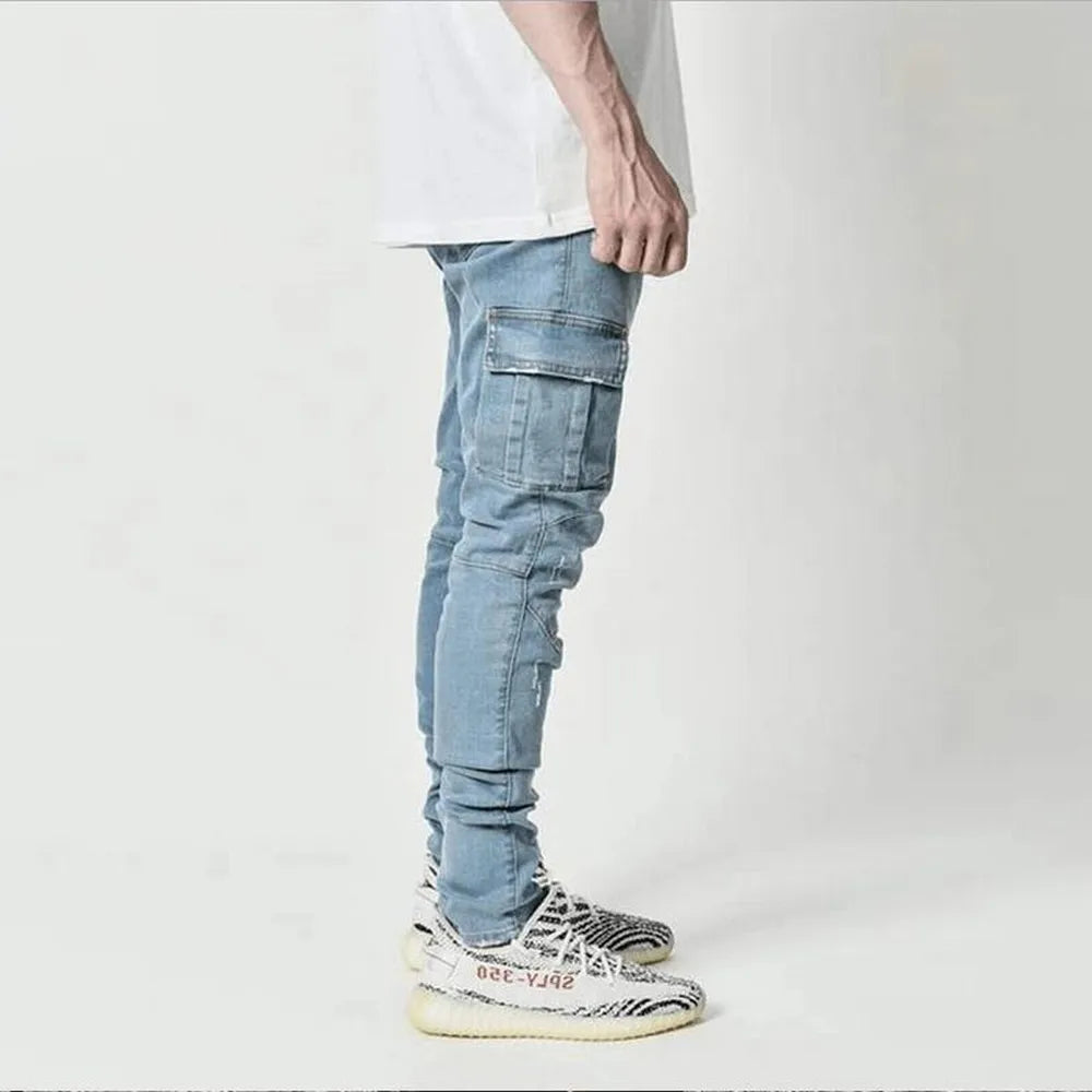 CRIS - Jeans elastici streetwear da uomo, pantaloni cargo in denim, colore tinta unita, multitasche. Pantaloni casual a vita media, vestibilità slim fit, da poter indossare tutti i giorni