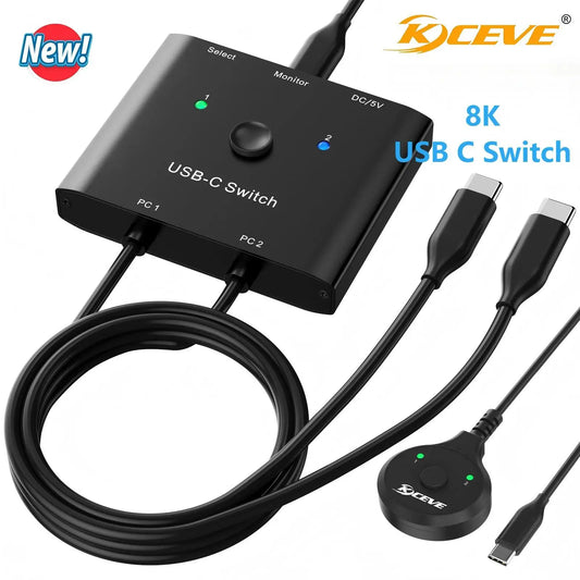 Switch KVM USB C 8K a 60 Hz per 2 computer, video KVM USB tipo C 4K a 120 Hz/trasferimento dati 10 Gbps/ricarica 100 W, compatibile con Thunderbolt