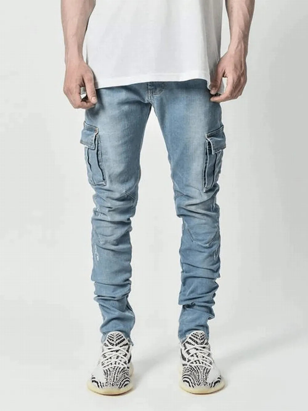 CRIS - Jeans elastici streetwear da uomo, pantaloni cargo in denim, colore tinta unita, multitasche. Pantaloni casual a vita media, vestibilità slim fit, da poter indossare tutti i giorni