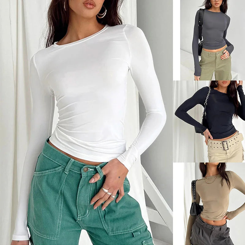 ELY, T-shirt Casual a maniche lunghe da donna primavera autunno solido Slim Fit pullover magliette camicie streetwear donna Base magliette top
