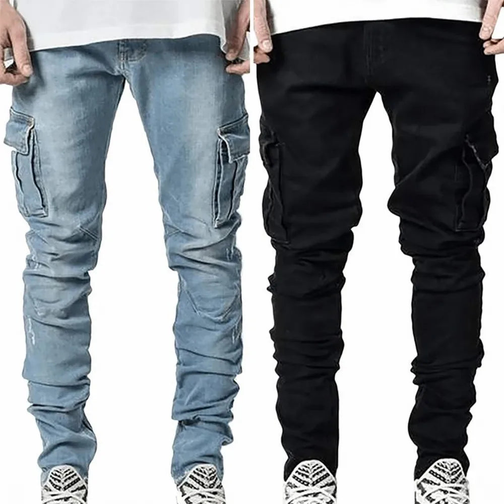 CRIS - Jeans elastici streetwear da uomo, pantaloni cargo in denim, colore tinta unita, multitasche. Pantaloni casual a vita media, vestibilità slim fit, da poter indossare tutti i giorni