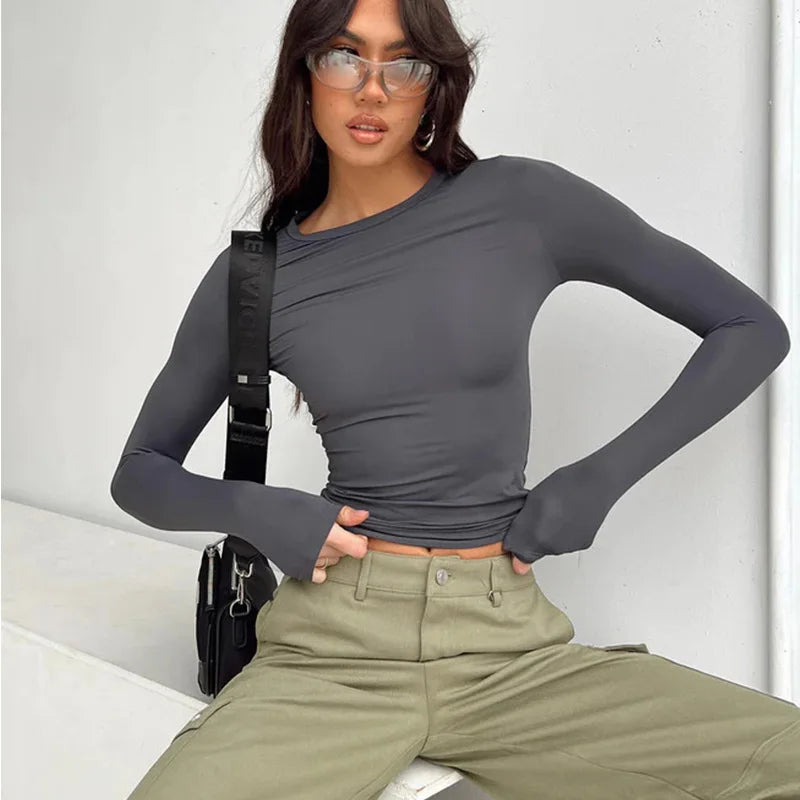 ELY, T-shirt Casual a maniche lunghe da donna primavera autunno solido Slim Fit pullover magliette camicie streetwear donna Base magliette top