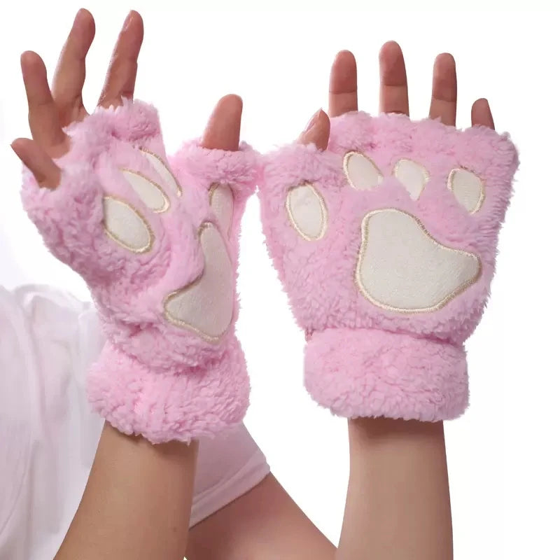 Mira - Guanti da donna con zampa di artiglio di gatto carino cartone animato Guanti di peluche da donna Guanti di gatto morbidi e caldi senza dita in peluche Costume mezze dita