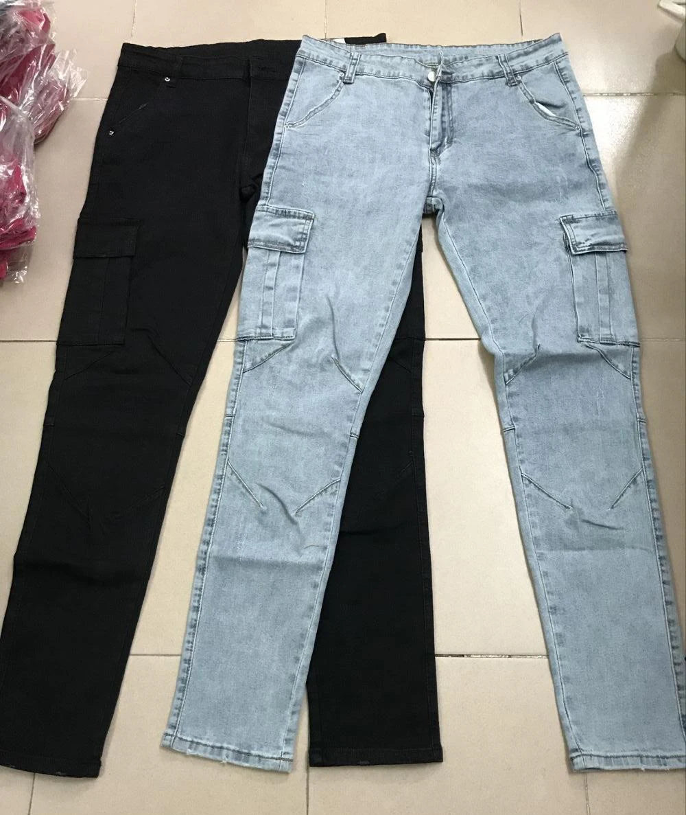 CRIS - Jeans elastici streetwear da uomo, pantaloni cargo in denim, colore tinta unita, multitasche. Pantaloni casual a vita media, vestibilità slim fit, da poter indossare tutti i giorni