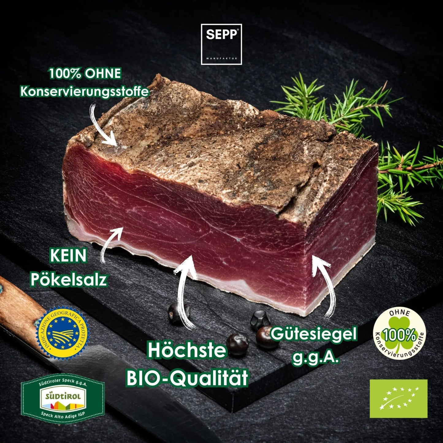SEPP' BIO-Südtiroler Speck g.g.A. - 'Das Herzstück' ohne Pökelsalz 💚