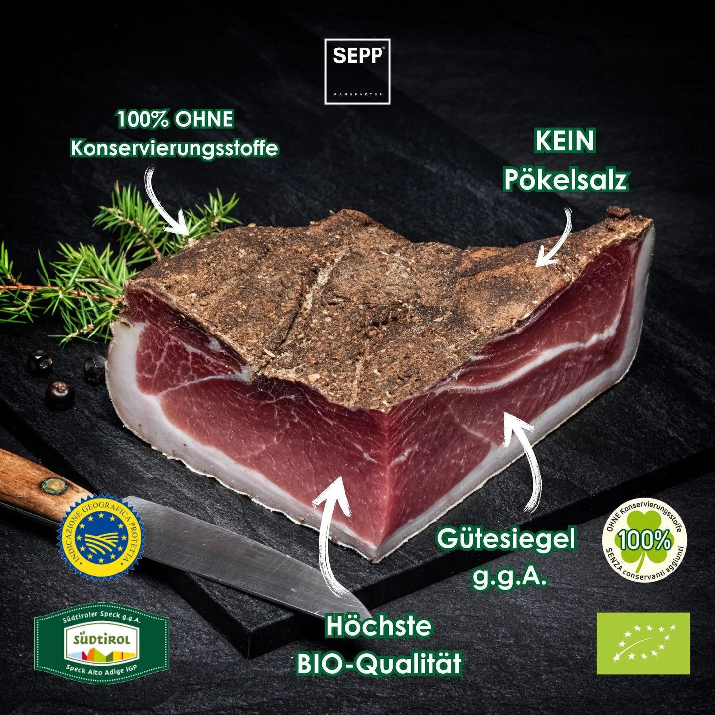 SEPP' BIO-Südtiroler Speck g.g.A. - 'Das Viertel' ohne Pökelsalz 💚