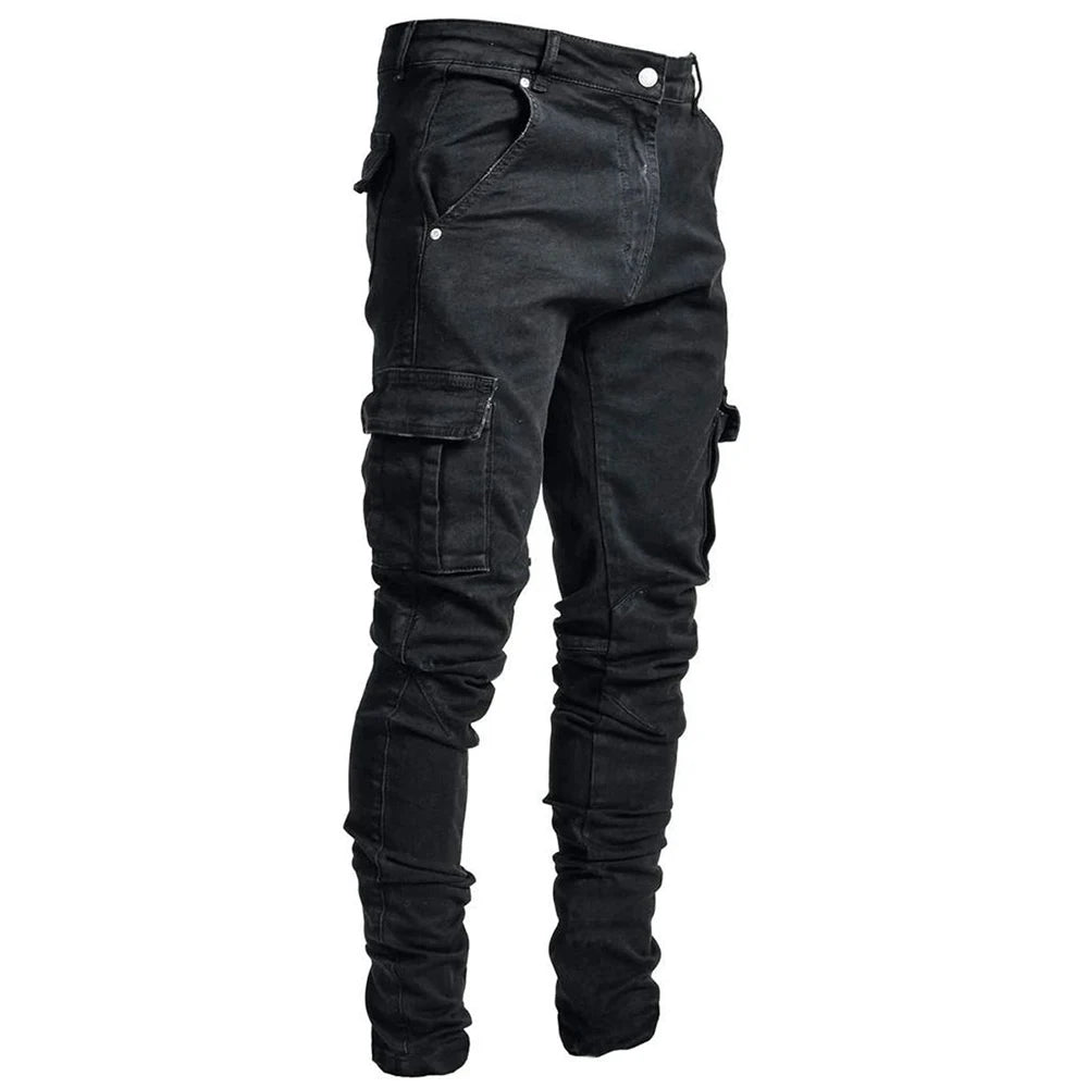 CRIS - Jeans elastici streetwear da uomo, pantaloni cargo in denim, colore tinta unita, multitasche. Pantaloni casual a vita media, vestibilità slim fit, da poter indossare tutti i giorni