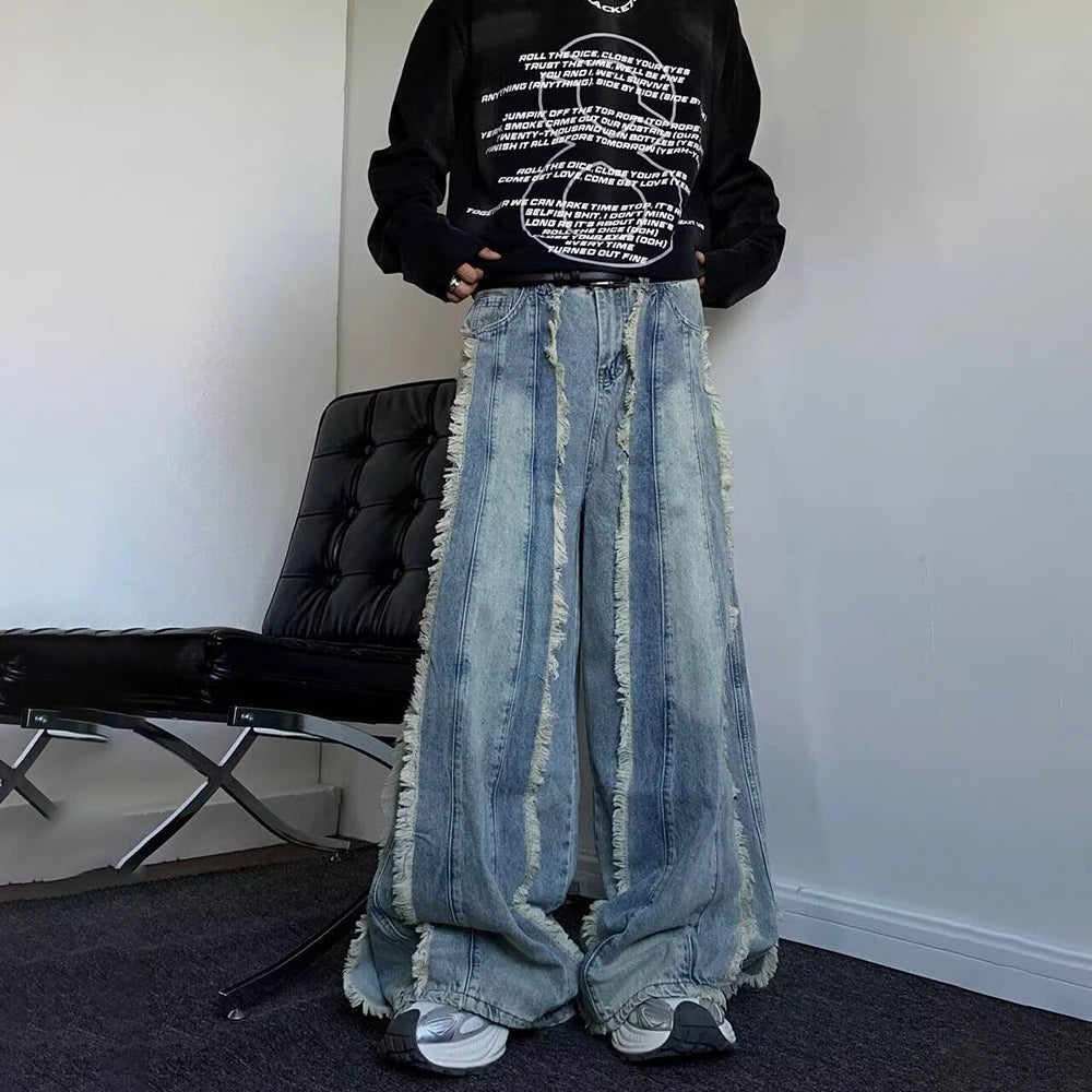 Pantaloni da uomo Design di giuntura con bordi sfilacciati resistenti Lavati Jeans denim indossati Autunno Pantaloni larghi vintage hawaiani a gamba larga unisex