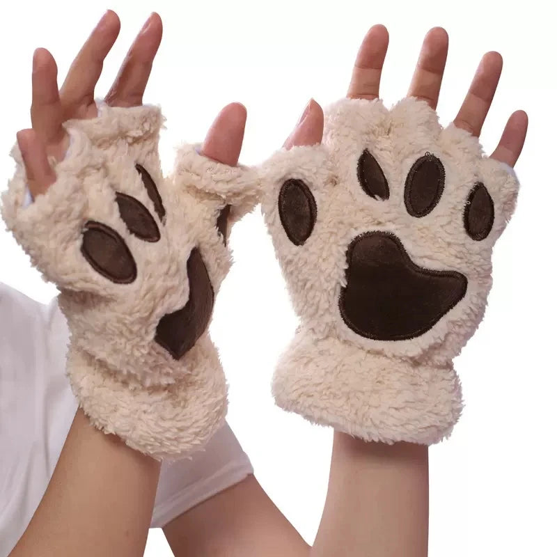 Mira - Guanti da donna con zampa di artiglio di gatto carino cartone animato Guanti di peluche da donna Guanti di gatto morbidi e caldi senza dita in peluche Costume mezze dita
