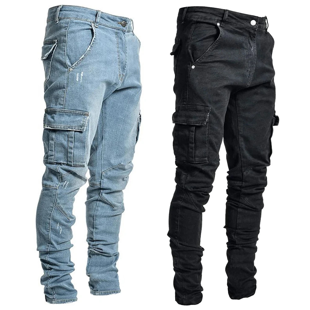 CRIS - Jeans elastici streetwear da uomo, pantaloni cargo in denim, colore tinta unita, multitasche. Pantaloni casual a vita media, vestibilità slim fit, da poter indossare tutti i giorni