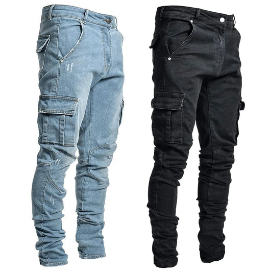 CRIS - Jeans elastici streetwear da uomo, pantaloni cargo in denim, colore tinta unita, multitasche. Pantaloni casual a vita media, vestibilità slim fit, da poter indossare tutti i giorni