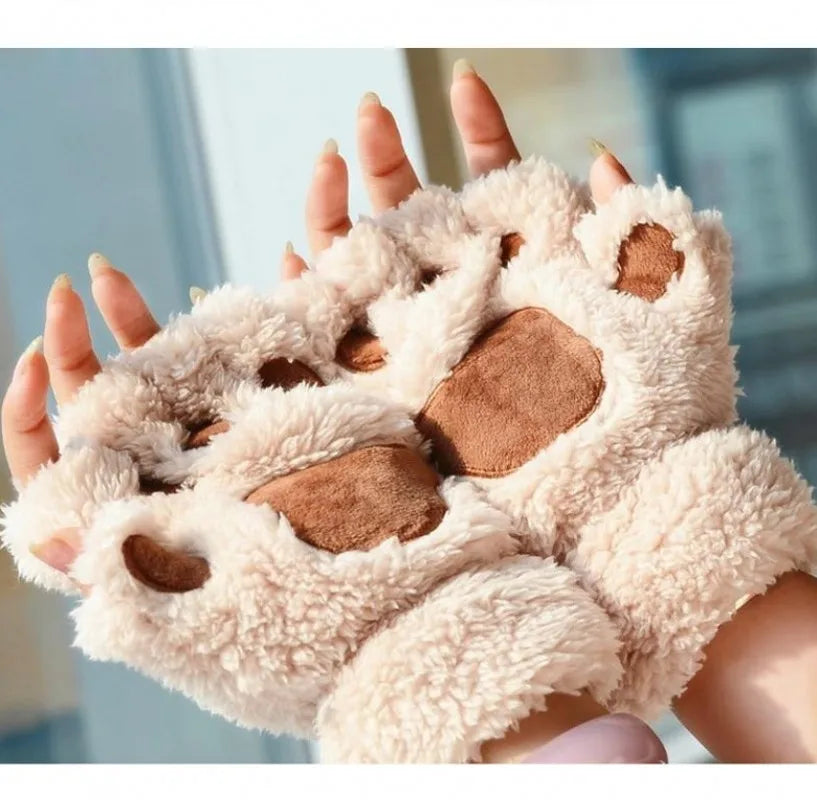 Mira - Guanti da donna con zampa di artiglio di gatto carino cartone animato Guanti di peluche da donna Guanti di gatto morbidi e caldi senza dita in peluche Costume mezze dita
