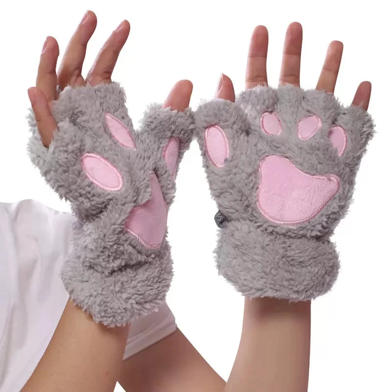 Mira - Guanti da donna con zampa di artiglio di gatto carino cartone animato Guanti di peluche da donna Guanti di gatto morbidi e caldi senza dita in peluche Costume mezze dita